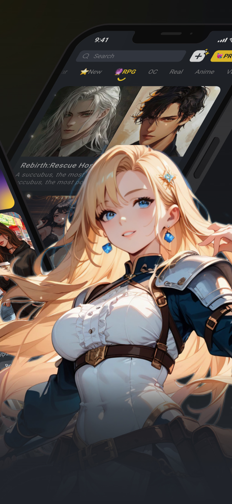 Fantasia AI - Interfaz de selección de personajes de anime para juegos de rol en la aplicación Fantasia AI.