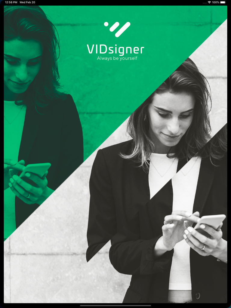 VIDsigner - VIDsigner splash screen featuring a professional woman using a digital device for biometric signatures