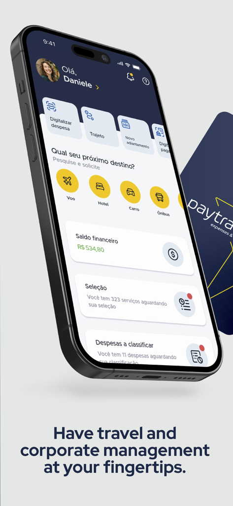 Painel do aplicativo móvel Paytrack para gerenciamento de viagens e despesas corporativas