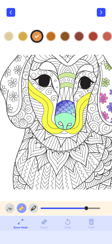 Mandalas paint & color relax - Digital coloring book interface showing an intricate dog mandala pattern with paint tools and a color palette