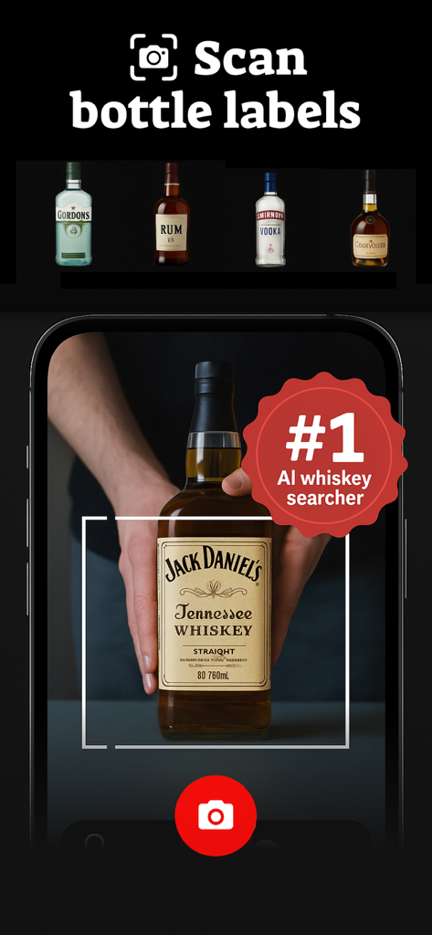 Mobile app interface scanning a whiskey bottle label using AI technology