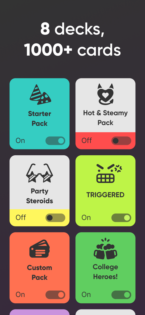 Truth Or Drink Dirty Questions - Écran de sélection pour différents decks de cartes dans l'application de jeu de société Action ou Vérité