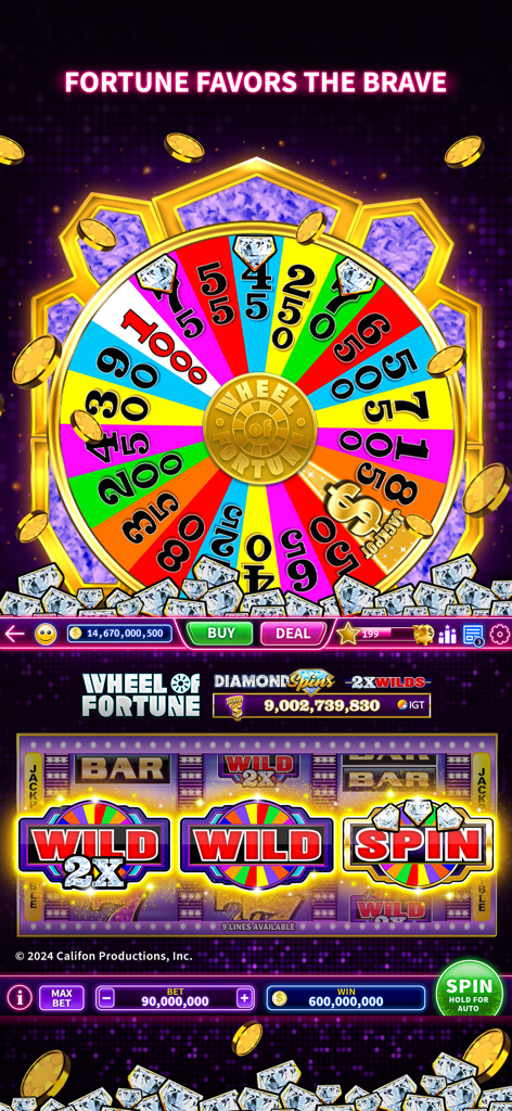 Mystic Slots® - Casino Games - Rueda de premios colorida de Wheel of Fortune y rodillos de tragamonedas en la aplicación móvil Mystic Slots