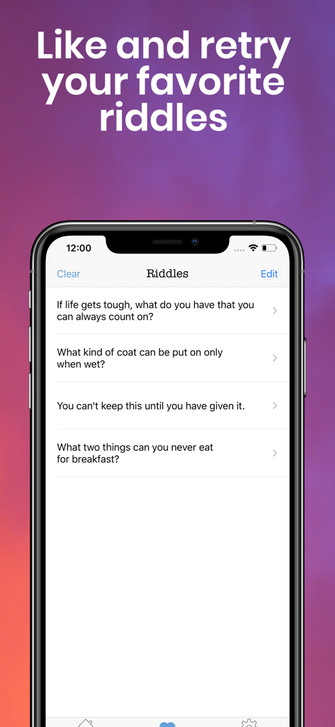 Riddles — One riddle a day - iPhone screenshot showing a list of favorite logic riddles in the app