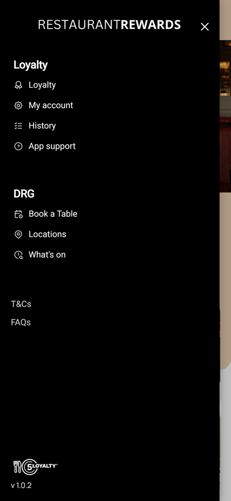 Restaurant Rewards by DRG - Side navigation menu of the Restaurant Rewards by DRG app featuring options for loyalty account booking a table and restaurant locations