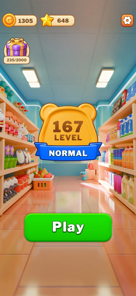 Goods Triple Match Sorting 3D ゲームのレベル167の開始画面。スーパーマーケットの棚と再生ボタンが表示されています。