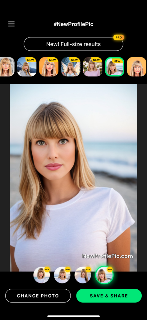 New Profile Pic Avatar Maker - Interface do aplicativo New Profile Pic Avatar Maker mostrando um retrato de mulher com várias opções de filtro de IA