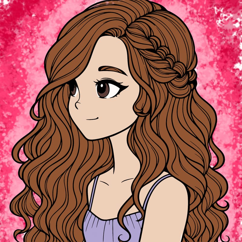 girl with long curly hair side part realistic