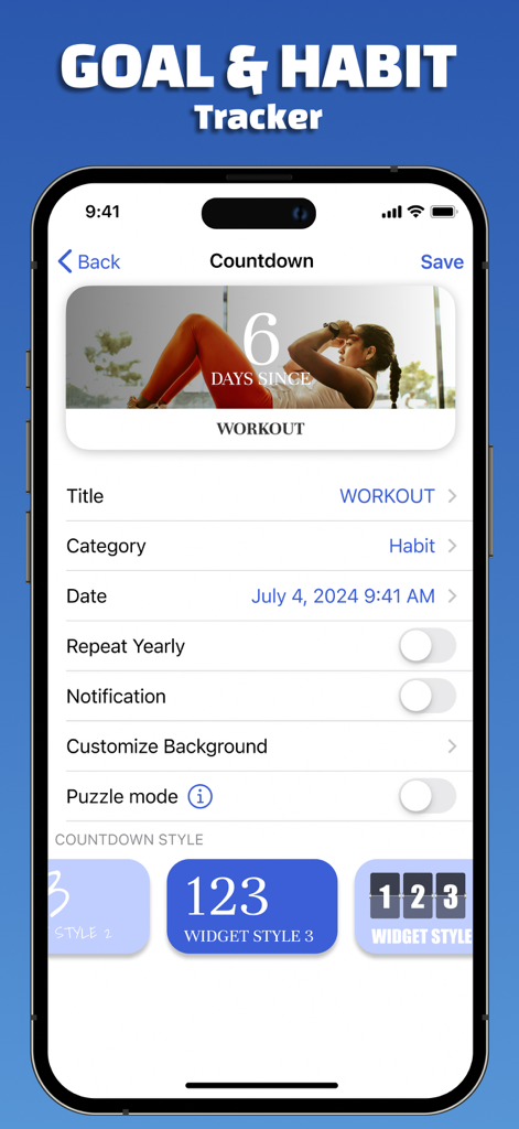 Day Counter Widget - DYZO - Interfaz estética de seguimiento de hábitos y objetivos en la aplicación de contador de días DYZO para la cuenta regresiva de un entrenamiento.