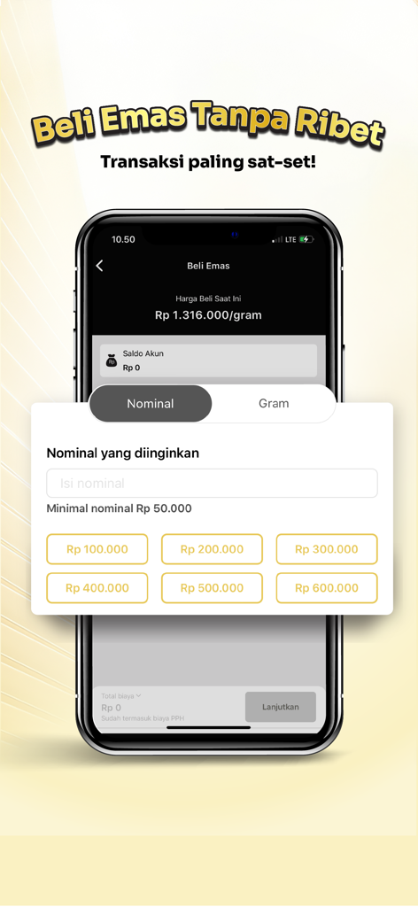 Mobile interface of Lakuemas app showing options to buy digital gold by nominal value.