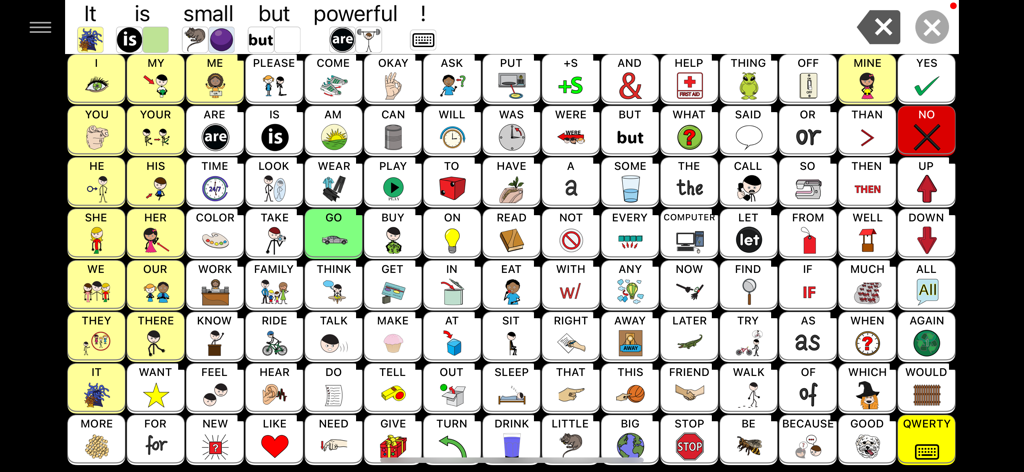 A comprehensive grid of word icons and symbols in the Speak for Yourself AAC app interface.