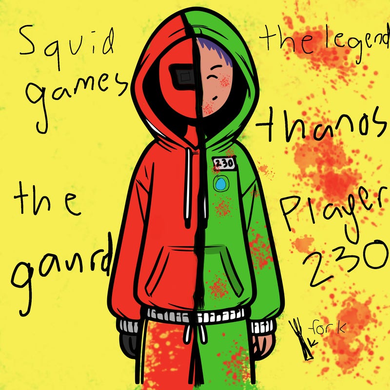 faceless girl in a tracksuit with a hood on and no hair