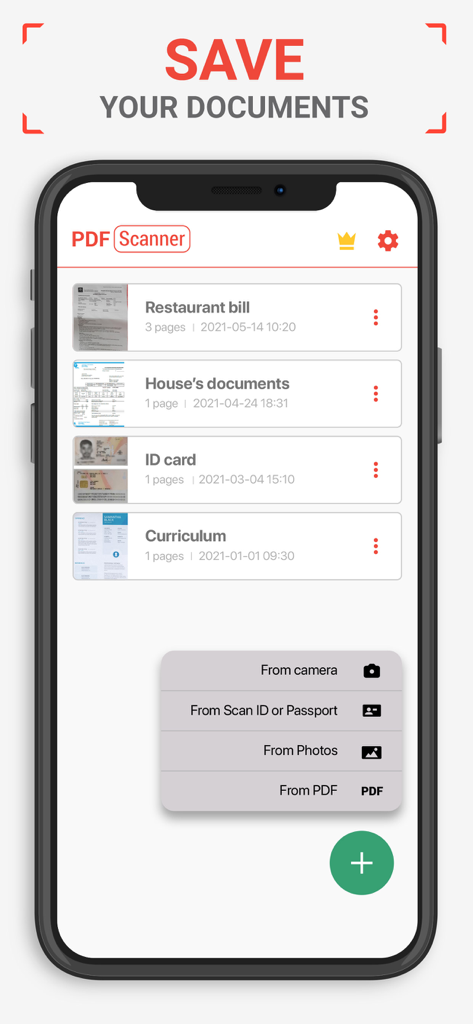 PDF Scanner AI Note text files - iPhone screen showing a list of scanned documents and the add menu in the PDF scanner app.