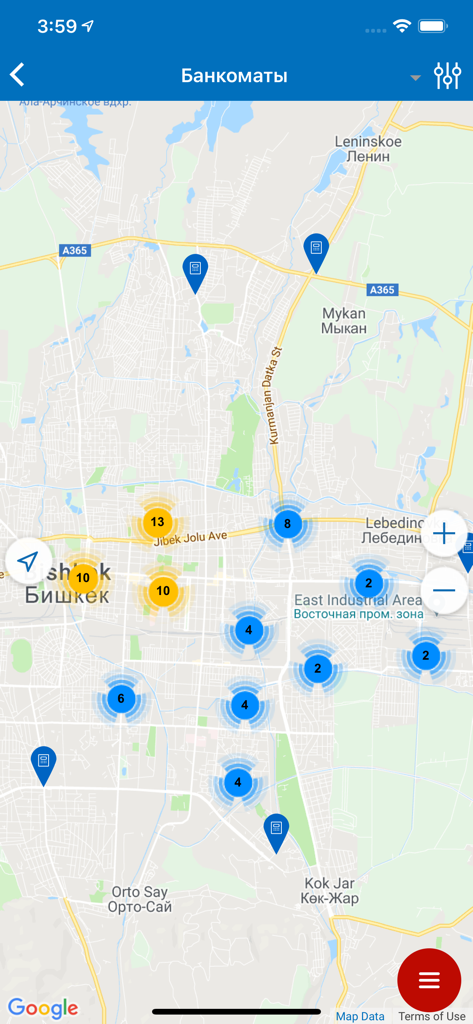 Interactive map showing RSK 24 ATM locations in Bishkek Kyrgyzstan