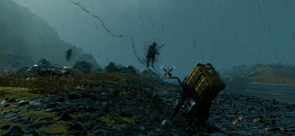 Sam Bridges crouching in a rainy landscape with ghostly BT figures floating in the sky