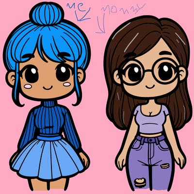 one girl with a bun, turtle neck, and short skirt. and another girl with a tank top, jeans, and glasses
