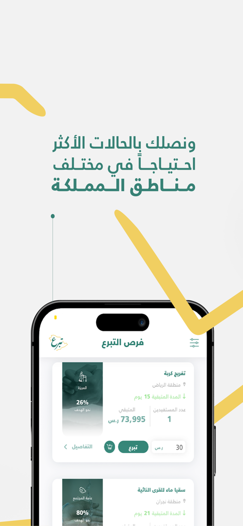 A mobile app screen showing several donation opportunities for different charitable causes in Saudi Arabia.
