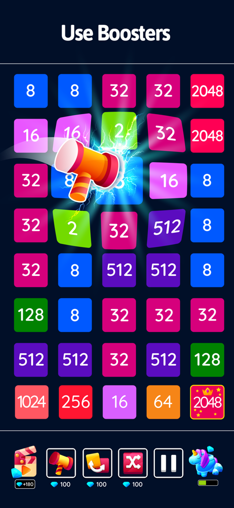 Una captura de pantalla del juego de 2048 Blast mostrando un potenciador de martillo rompiendo fichas numeradas en una cuadrícula.