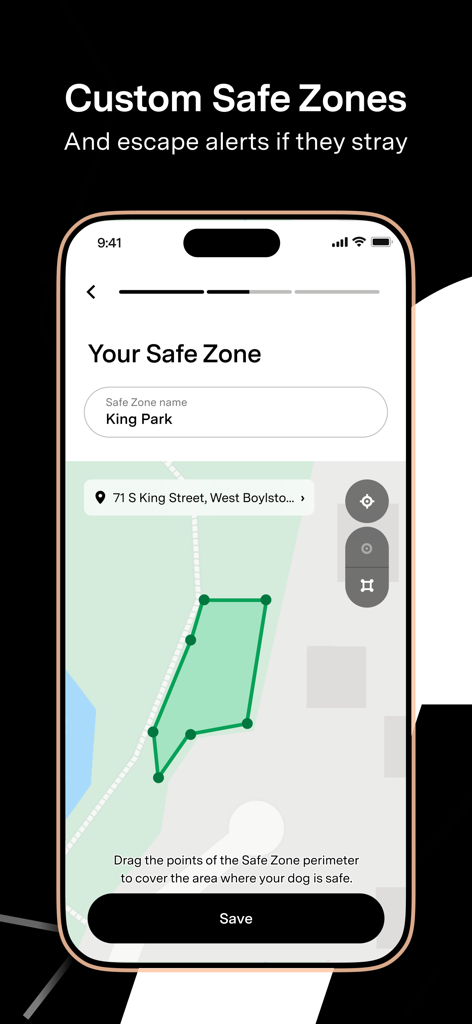Impostazione di una zona sicura personalizzata con geofencing nell'app Fi per un animale domestico
