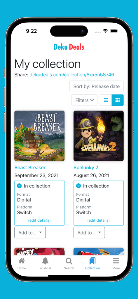 Página Mi Colección de la aplicación móvil Deku Deals mostrando videojuegos de propiedad como Beast Breaker y Spelunky 2 con información de plataforma y formato