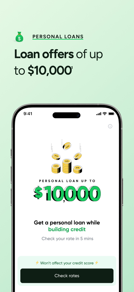Bright mobile app interface showing personal loan offers up to 10000 dollars while building credit