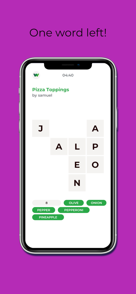 Word Salad: a daily puzzle - Pantalla de juego de la aplicación Word Salad con un puzle temático de ingredientes para pizza.