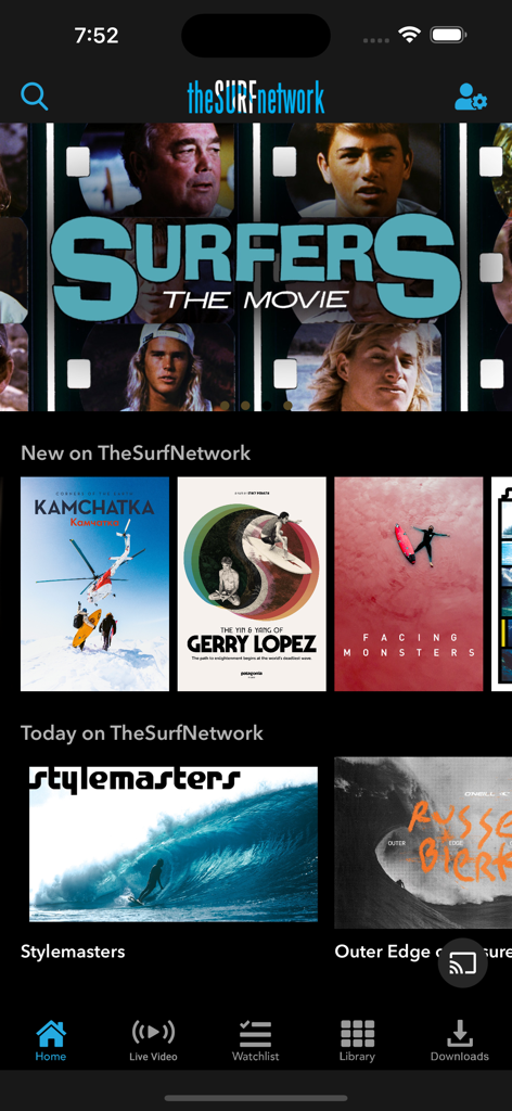 TheSurfNetwork mobile app home screen showing a selection of surf movies and documentaries like Surfers The Movie and The Yin and Yang of Gerry Lopez
