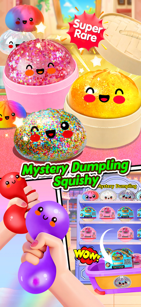 Colorful glittery mystery dumpling squishies with smiling faces and a hand squeezing a purple stress relief toy