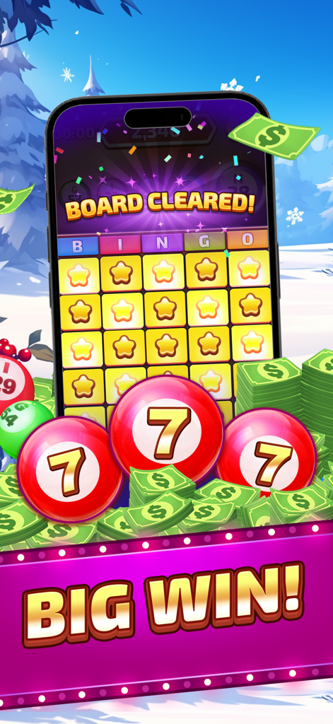 Big Cash Bingo app displaying a board cleared message and big win with cash