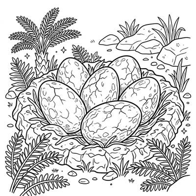 Embark on a prehistoric journey with this captivating coloring page featuring a nest of fossilized dinosaur eggs. Explore the intricate details of ancient life and unleash your creativity on this historical scene.