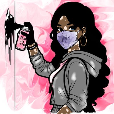 realistic girl with mask spray painting a wall