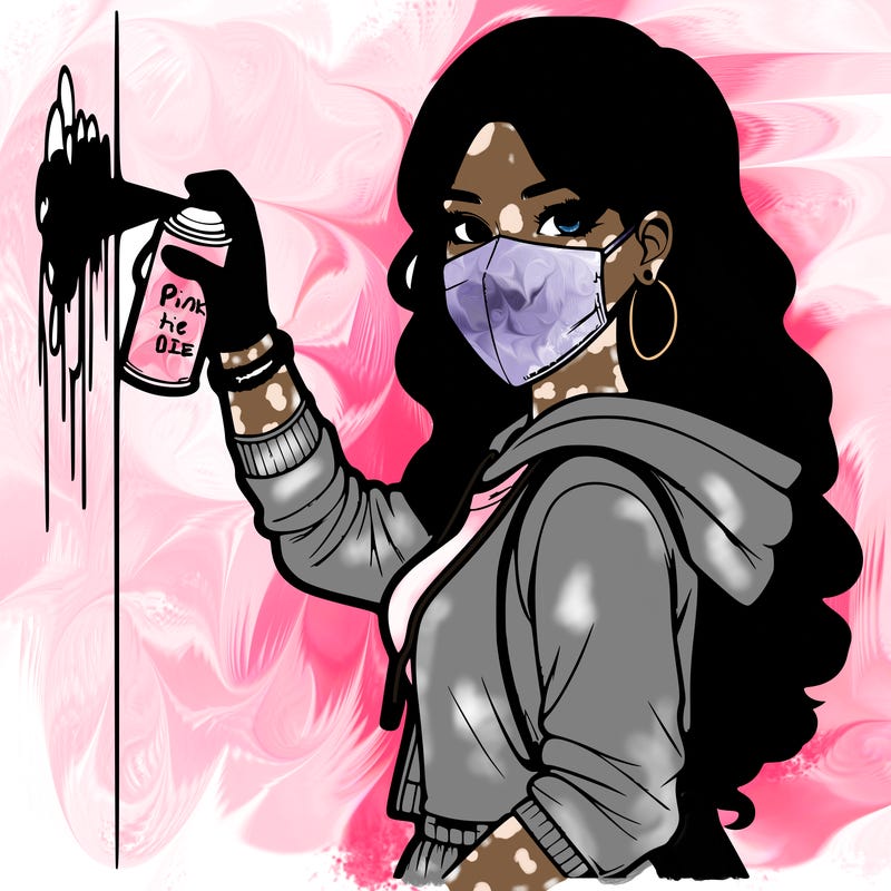 realistic girl with mask spray painting a wall