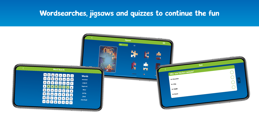 Twinkl Originals - Screenshots of the Twinkl Originals app showing educational word search, jigsaw puzzle, and quiz activities for kids.
