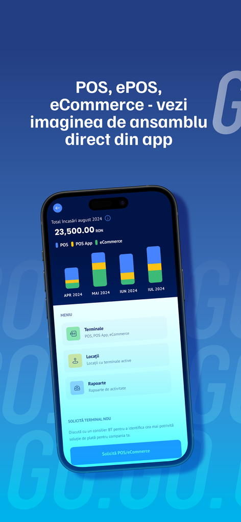BT Go - A mobile dashboard of the BT Go app displaying POS and eCommerce sales data with a bar chart.