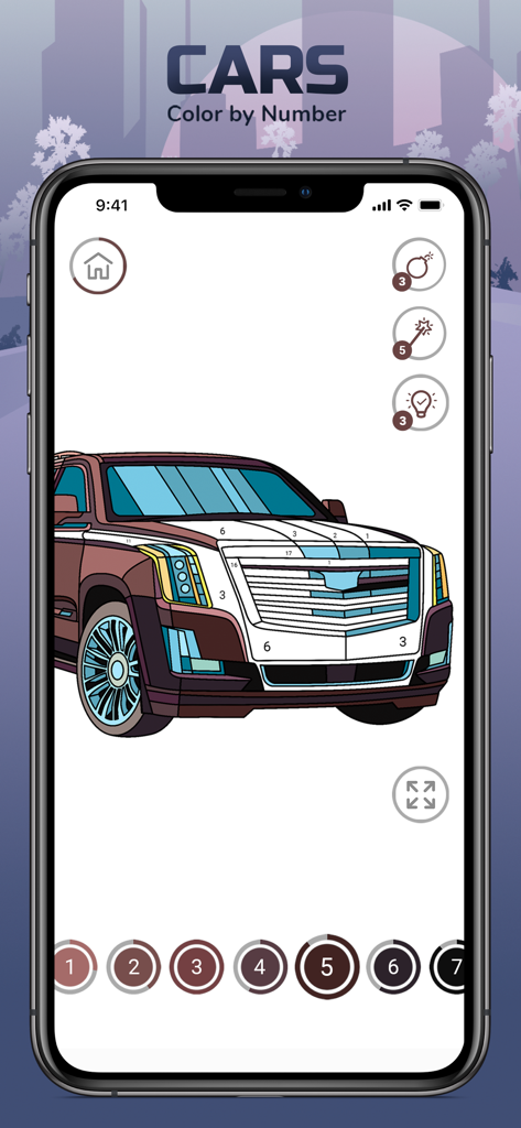 Cars Color By Number - Luxury SUV coloring page in the Cars Color By Number mobile app interface