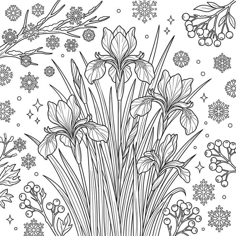 Immerse yourself in the serene beauty of Siberian Irises amidst an enchanting winter scene. This delightful coloring page invites you to bring frosty flowers and delicate snowflakes to life with your favorite hues.