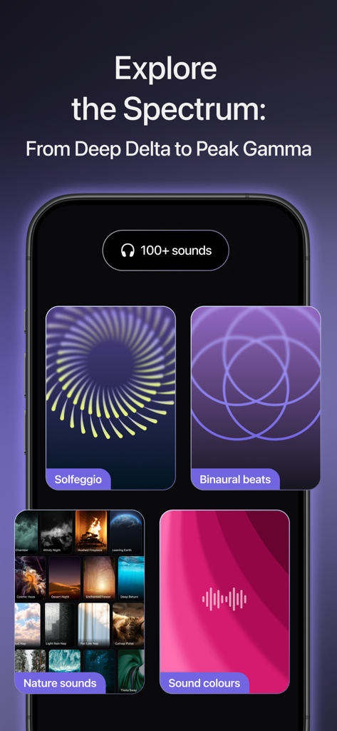 Smartphone screen displaying sound categories in the Deep app including Solfeggio, Binaural beats, and Nature sounds