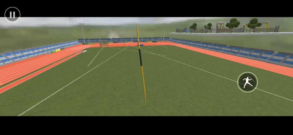 Javelin Throw Game 3D - A javelin flying through the air over a green field in a 3D sports stadium simulation.