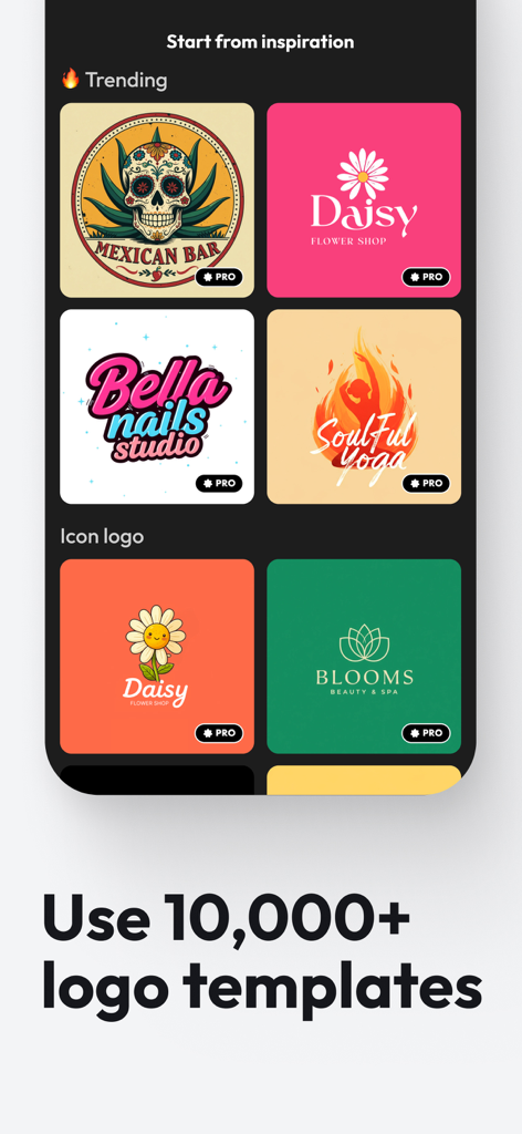 Logofy AI Logo Maker & Creator - A gallery of diverse logo templates in the Logofy app for businesses like a Mexican bar, flower shop, and nail studio.