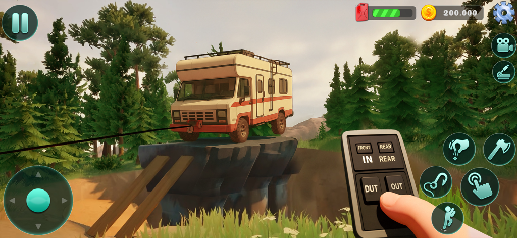 A camper van using a remote controlled winch to cross a rocky gap in a forest setting