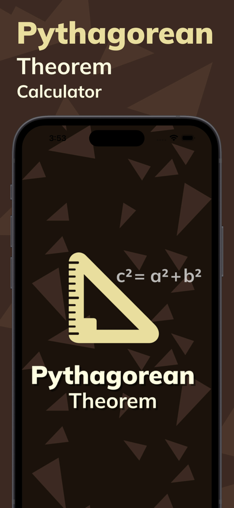 Pythagorean Theorem Calculate - Startbildschirm der Satz des Pythagoras Rechner App mit einer Illustration eines rechtwinkligen Dreiecks und der mathematischen Formel