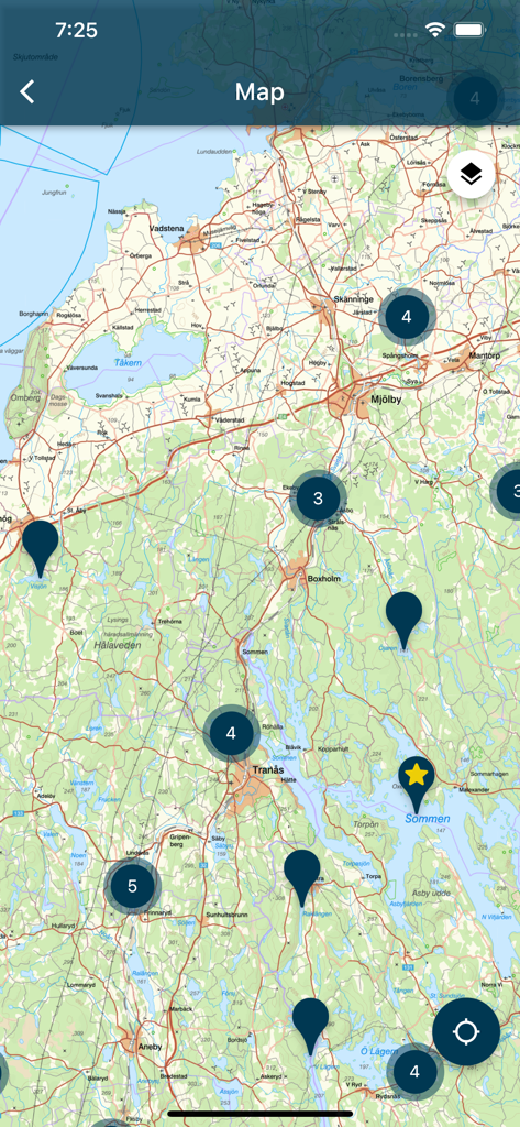 iFiske - Fishing Permits - Interactive map within the iFiske app displaying fishing locations and permit areas across Sweden
