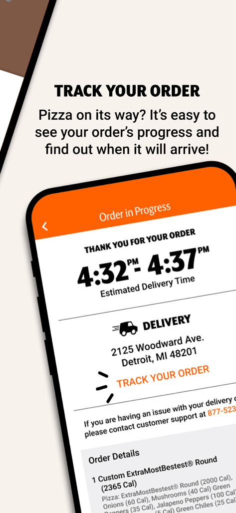 Little Caesars app interface showing real-time order tracking and estimated delivery time