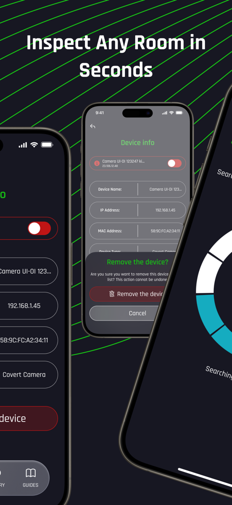 Spy Camera Detector : GR8 - Interfaz de la aplicación Spy Camera Detector GR8 que muestra la inspección de la habitación y la información del dispositivo detectado