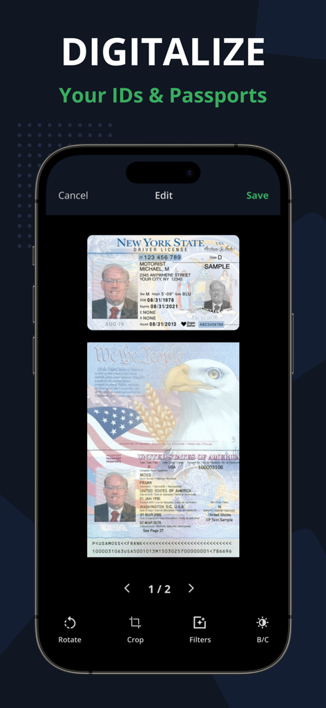 PDF Scanner App - Scan PDF Doc - A smartphone displaying the PDF Scanner app interface with scanned copies of a New York driver license and a US passport