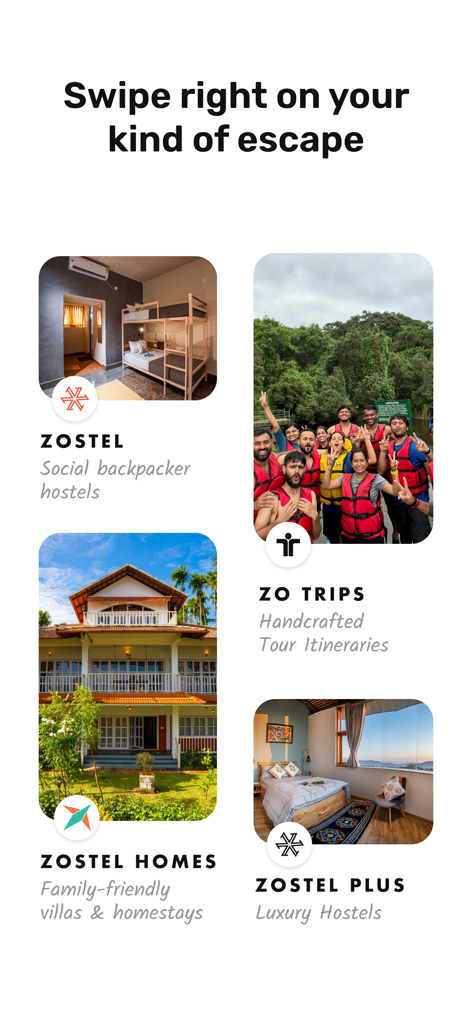Zostel - Zo Trips - A screen displaying Zostel app travel categories including social hostels, group trips, family-friendly villas, and luxury hostels.