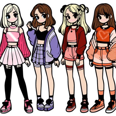 one girl with crop-top shirt and a jacket with a skirt, long socks and another girl with a shirt and pants with a jacket