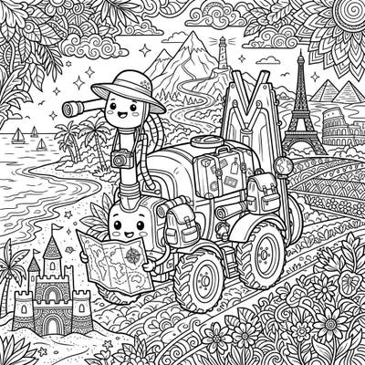 Get ready for an exciting journey with our field sprayer on a grand vacation adventure! This intricate coloring page combines agricultural charm with iconic global landmarks for a truly unique experience.
