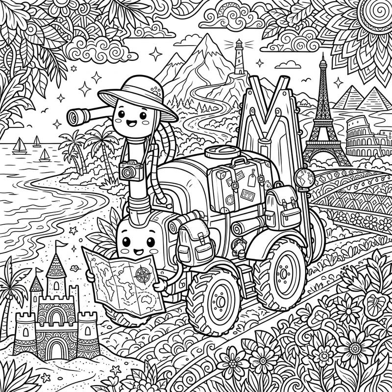 Get ready for an exciting journey with our field sprayer on a grand vacation adventure! This intricate coloring page combines agricultural charm with iconic global landmarks for a truly unique experience.
