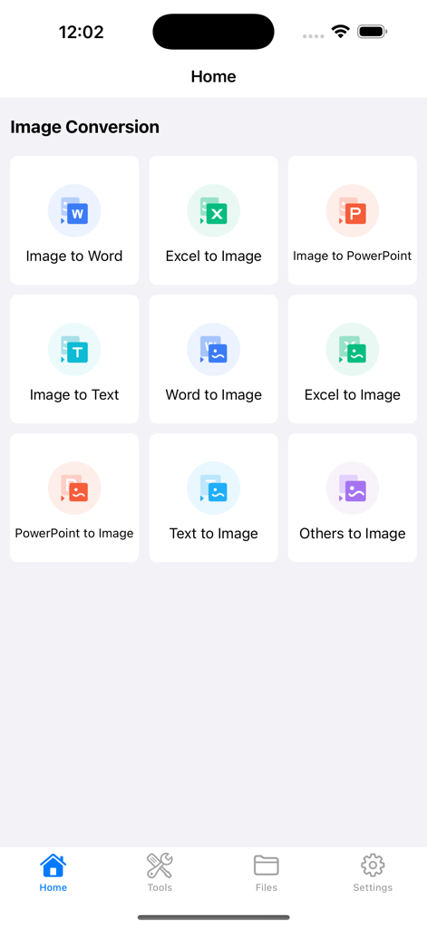 Une interface d'application mobile montrant une grille d'options de conversion d'images, y compris Image vers Word, Excel vers Image et Texte vers Image.